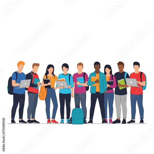 A group of diverse young students posing together with their books and laptops.