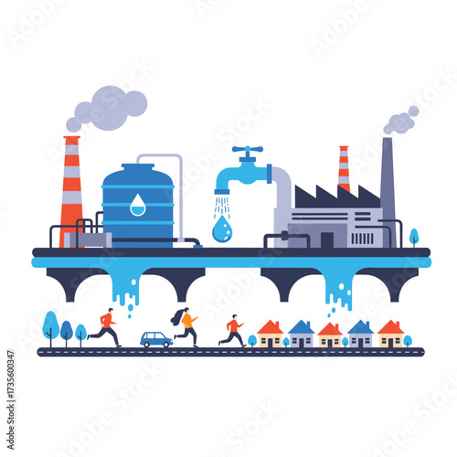 Industrial water purification and distribution system for residential areas.