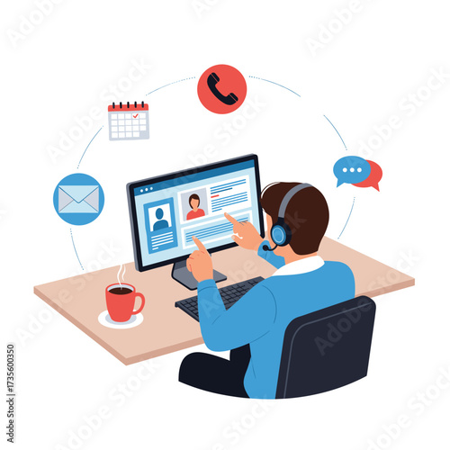 Customer service representative working on a computer with communication icons surrounding him.