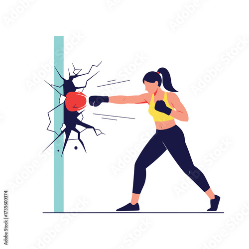A woman punches a punching bag and breaks it.