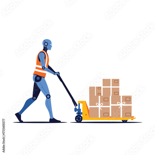 Robot warehouse worker moving boxes with a pallet jack.