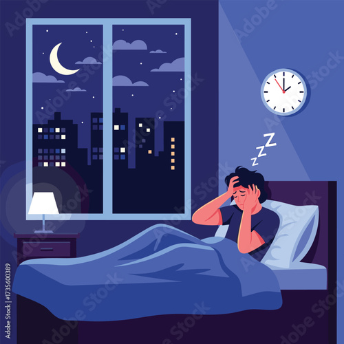 A person struggling to sleep in a dark bedroom with a city view.