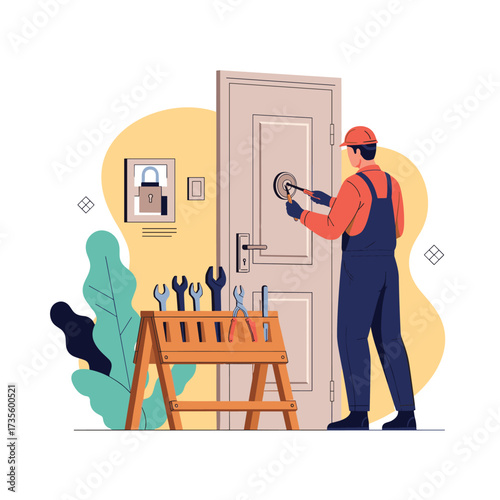 A locksmith working on a door lock.