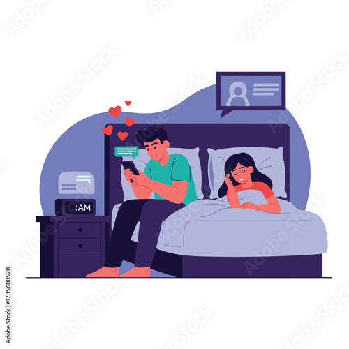 Couple in bed ignoring each other due to phone use.