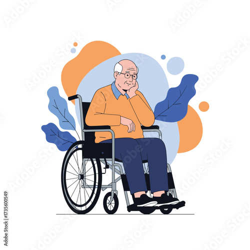 An elderly man sitting in a wheelchair with a contemplative expression.