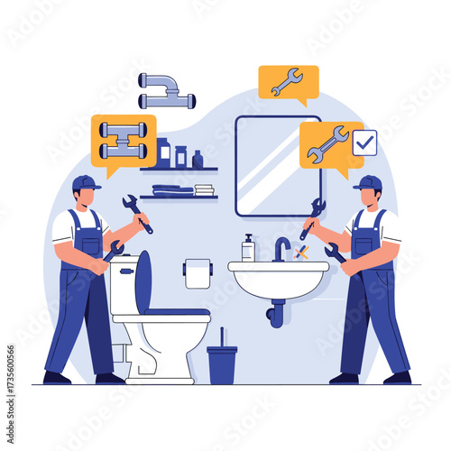 Professional plumbers working together to fix a bathroom sink and toilet.