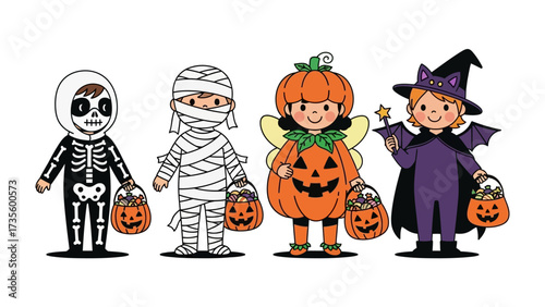 Whimsical Halloween Gathering: A delightful array of children in adorable costumes, including a skeleton, a mummy, a pumpkin, and a witch, ready for trick-or-treating.