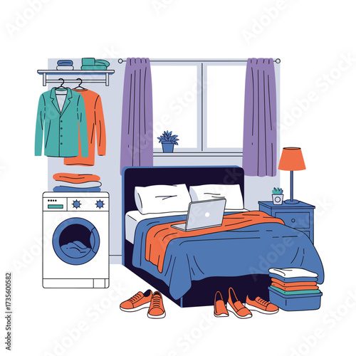 A comfortable bedroom with a laundry machine and clothes hanging.