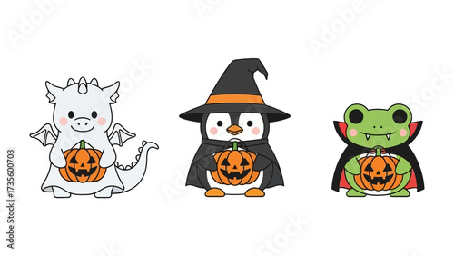 Spooky Friends Gathering for Halloween: A whimsical illustration showcasing three adorable Halloween characters. A cute dragon, a charming penguin, and a friendly frog.