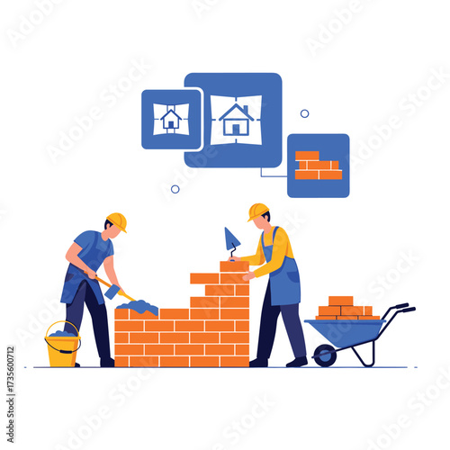 Construction workers building a brick wall with tools and materials.