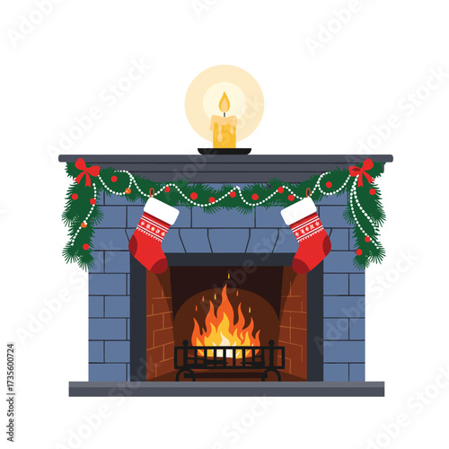 Cozy christmas fireplace with stockings and a candle burning bright.