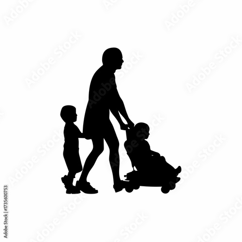 Silhouette of caregiver supervising kids on toy car ride isolated on white background