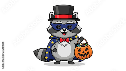 Halloween raccoon: A charming raccoon dressed in a superhero costume, holding a pumpkin bag overflowing with sweets. Perfect for illustrating themes of spooky festive and joyful celebrations.