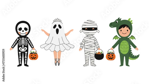 Costumed Kids Ready for Halloween: Adorable kids dressed in fun Halloween costumes, ready to trick-or-treat, embodying the joyful spirit of the holiday.