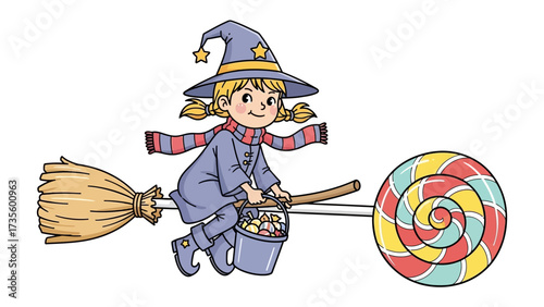 Whimsical Witch's Journey: A charming illustration of a young witch, flying on a broomstick alongside a giant lollipop, embarking on a delightful adventure, against a minimalist backdrop.