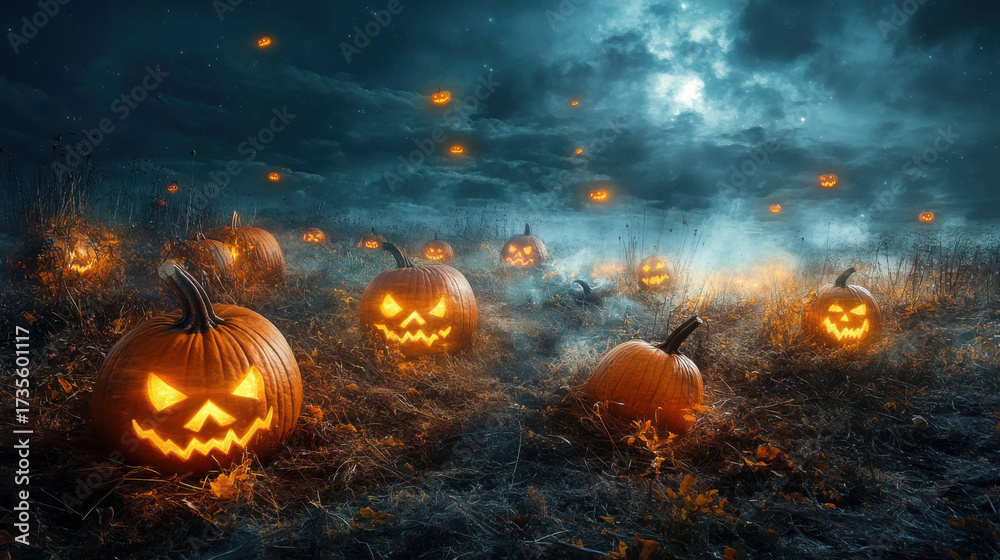 Naklejka premium Glowing pumpkins in haunted field under moonlight create eerie atmosphere