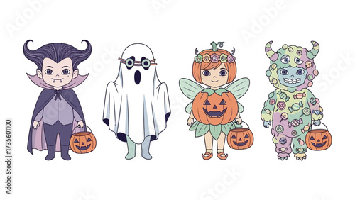Spirited Halloween Gathering: A delightful ensemble of children, dressed in fantastical costumes, gleefully prepare for an evening of trick-or-treating, creating a vibrant and enchanting scene.