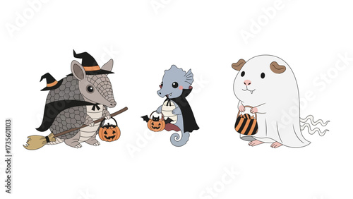 Halloween Critter Parade: Three enchanting critters, dressed in adorable costumes, embark on a festive Halloween adventure, each carrying a trick-or-treat basket in a whimsical illustration.