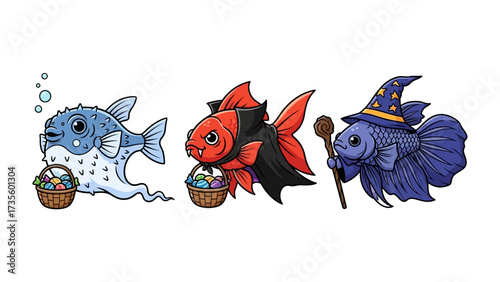 Whimsical Fish Characters in Costume: Playful aquatic characters, a pufferfish with a basket of eggs, a vampire-themed goldfish, and a wizard betta, offer a delightful mix of fantasy and fun. 