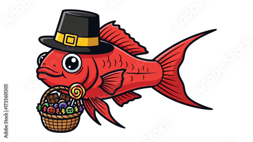 Thanksgiving Fish with Treats: A festive illustration of a red fish, sporting a pilgrim hat and carrying a basket overflowing with treats, embodying holiday cheer.