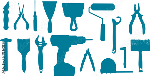 Proffesional tools for builder, installer, locksmith, engineer, repair. Vector isolated silhouette elements