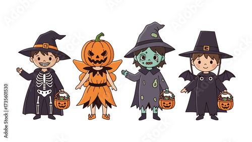 Halloween Characters in Costume: A delightful ensemble of playful cartoon figures, each donned in distinctive Halloween costumes.