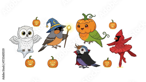 Spooky Aviary: A collection of charming, whimsical birds dressed up in a bewitching assortment of Halloween costumes, set amongst grinning pumpkins for an enchanting scene.