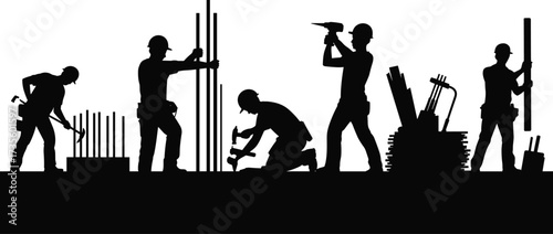 Construction workers silhouette, manual labor, building tools, teamwork, industrial job site, power drill, hammer, rebar, hard hats, infrastructure