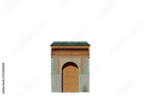 Ornate Moorish Style Doorway with Intricate Tilework and Dark Background Architecture in an Illustration with Dark Saturated Colors and Geometric Patterns in a Stylized Digital Rendering