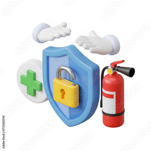 3d illustration of safety and security icons with shield and fire extinguisher isolated on transparent background