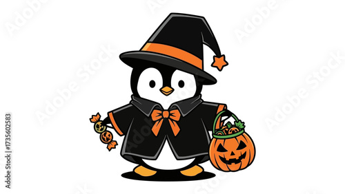 Penguin Dressed for Halloween: A charming penguin, fully dressed in a captivating Halloween ensemble, is holding a pumpkin, embodying the spirit of trick-or-treat.