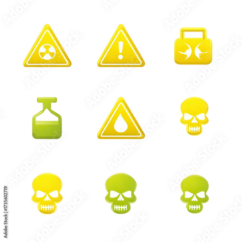 Collection of Yellow and Green Warning Icons on Transparent Background Featuring Radiation Symbol Exclamation Point Biohazard Sign Chemical Bottle and Skull Graphics with Detailed Bone Structures