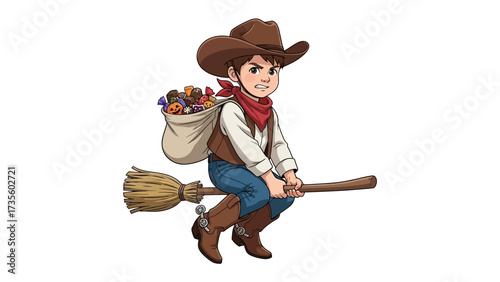 A cowboy on a broom: An illustration shows a young cowboy, complete with a hat, vest, and boots, soaring on a broom carrying a bag full of candy