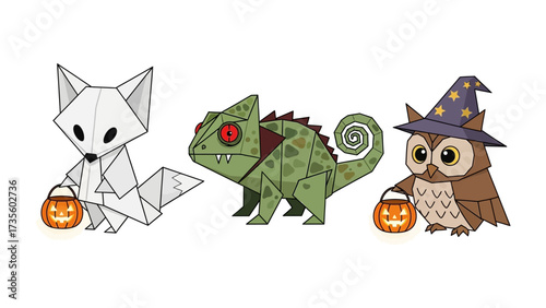 Halloween Origami Animals: A charming display of origami animals adorned with jack-o'-lanterns and a witch hat, crafted in a clean, geometric style, is ready for halloween.