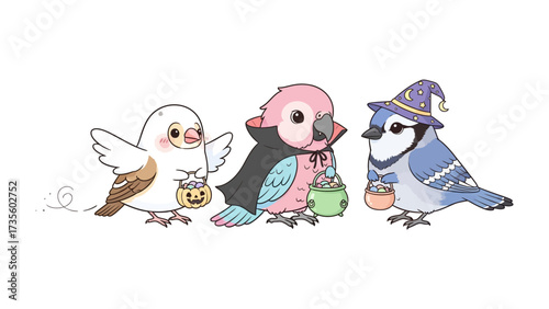 Halloween Bird Party: An adorable cartoon depicting a trio of festive birds dressed up in Halloween costumes, ready to collect candies and enjoy the spooky spirit. 