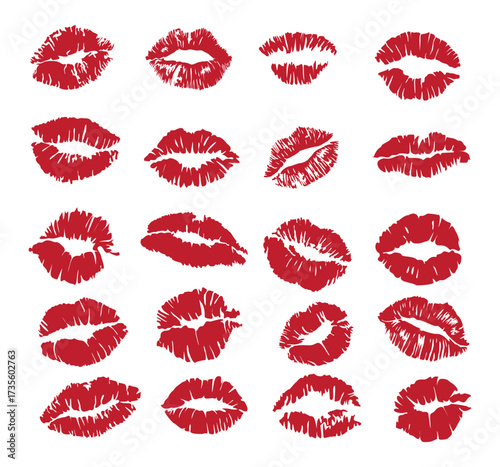 Set of red lipstick kiss print silhouettes, featuring various female lip shapes. Sexy lips, makeup, and mouth imprints in vector outline style on transparent background