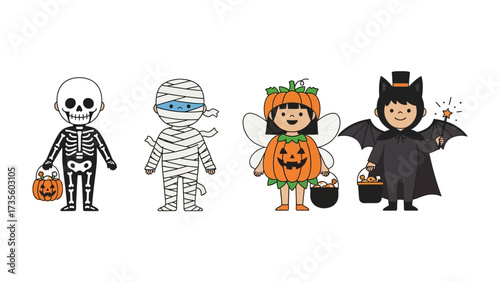 Spooky Ensemble: Four whimsically costumed figures, dressed as a skeleton, mummy, pumpkin fairy, and bat, gather against a backdrop for an exciting Halloween celebration. 