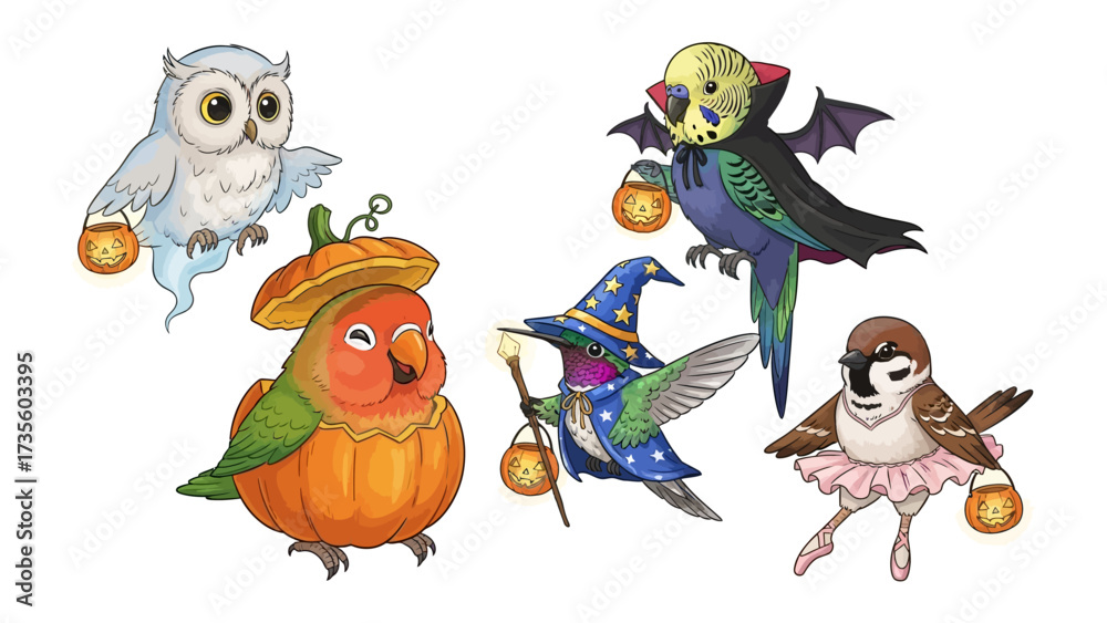 Fototapeta premium Spooky avian friends in Halloween spirit: A collection of whimsical bird characters, creatively costumed for the spooky season, cheerfully embracing Halloween spirit.