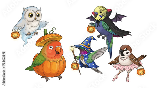 Spooky avian friends in Halloween spirit: A collection of whimsical bird characters, creatively costumed for the spooky season, cheerfully embracing Halloween spirit.