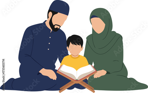 Muslim parents lovingly guide their child in reading the Quran, fostering spiritual learning, family bonding, and religious education