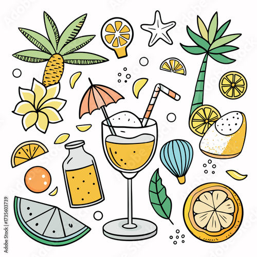 Colorful doodle illustration of tropical drinks, citrus fruits, palm leaves, and summer vibes