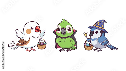 Festive Bird Trio: Three charming cartoon birds, each donned in playful costumes, celebrate with baskets full of treats, creating a whimsical and delightful scene.