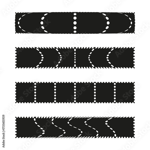 Set of three strips. Decorative perforation lines. Black white abstract. Vector paper element