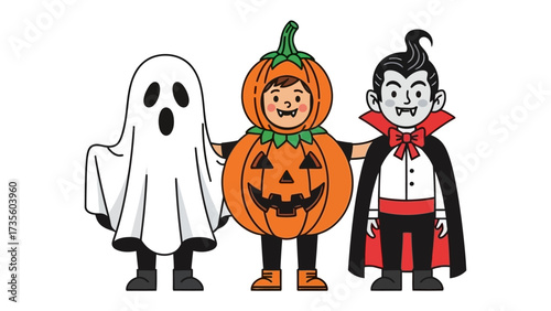 Happy Halloween Costumes: Three festive figures in costumes, a friendly ghost, a cheerful pumpkin, and a classic vampire, bring the Halloween spirit to life. A blend of spooky and fun.