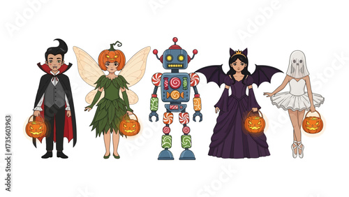 Halloween Costume Characters: An ensemble of festive characters, including a vampire, fairy, robot, bat-woman, and ghost, stands ready for a night of trick-or-treating.