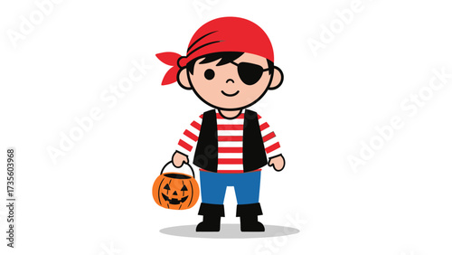 Pirate's Halloween: A cheerful young child dressed as a pirate with a pumpkin-shaped bucket, preparing for a Halloween adventure, full of fun and candies.