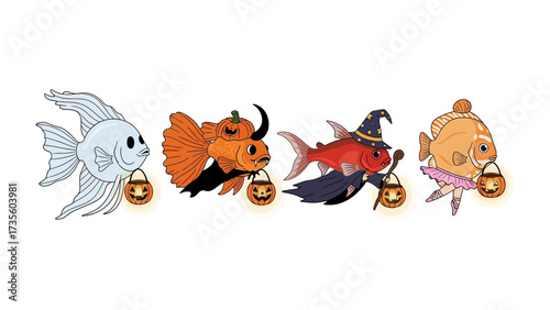 Whimsical Halloween Fish Parade: A lively illustration features a charming procession of fish, each playfully adorned with festive Halloween costumes.