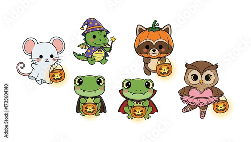 Cute Halloween Creatures Gathering for Treats: Seven adorable illustrated creatures are ready for a fun-filled night, each dressed in a unique and delightful Halloween costume.