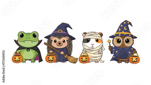 Halloween Animal Masquerade: A vibrant and enchanting illustration of adorable animals in festive Halloween costumes, each holding a jack-o'-lantern, conjuring a sense of fun and seasonal cheer.