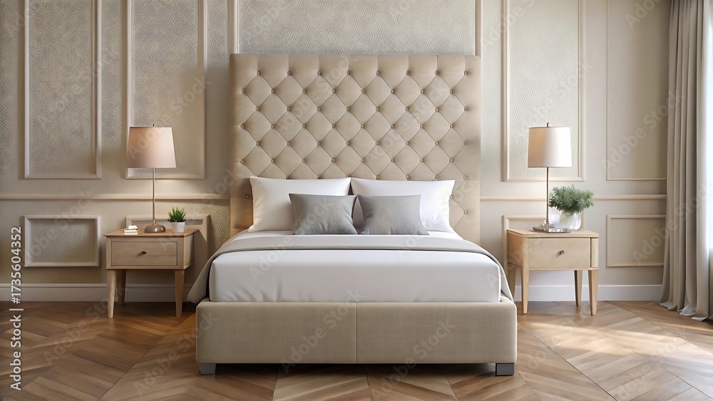 Fototapeta premium Elegant tufted upholstered bed with nightstands and lamps in a luxurious bedroom setting.